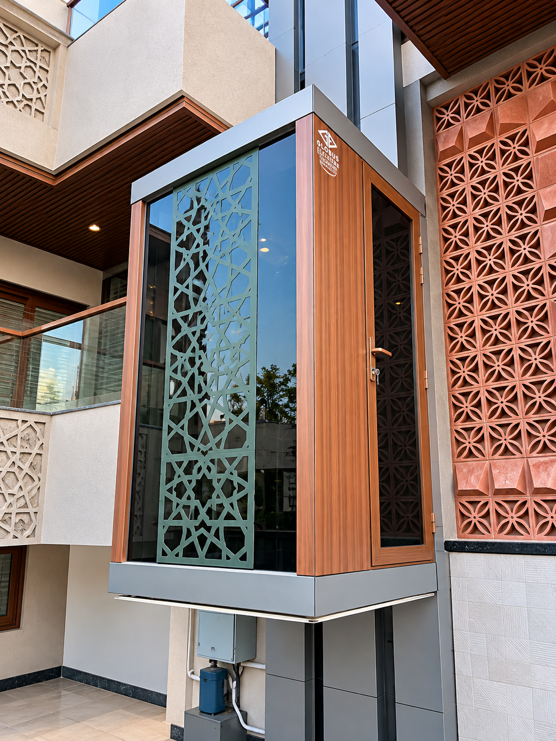 Modern Glass-and-Wood Exterior Elevator